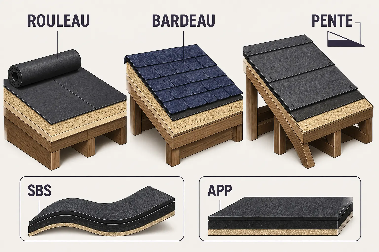 Schéma comparatif d’un toit en bitume : rouleau, bardeau et pente, avec couches et repère SBS.