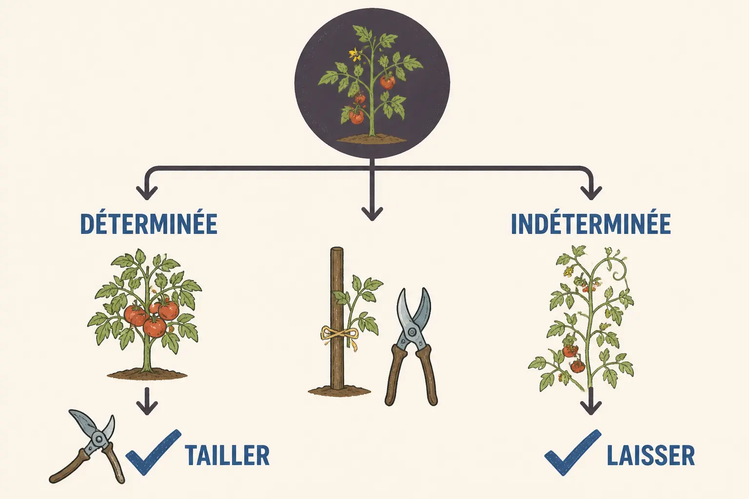 Schéma tomates tailler : décision selon variété, déterminée à tailler, indéterminée à laisser, tuteur et sécateur.