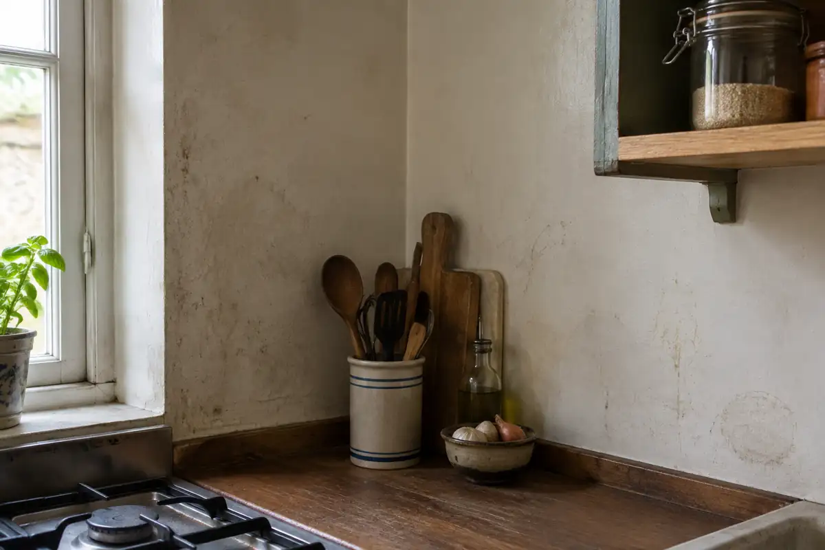 Angle de mur de cuisine près du plan de travail, avec le film gras visible en lumière rasante
