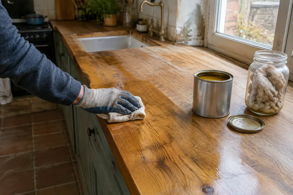 Plan de travail en bois huilé au chiffon, bocal d'eau pour les chiffons usagés