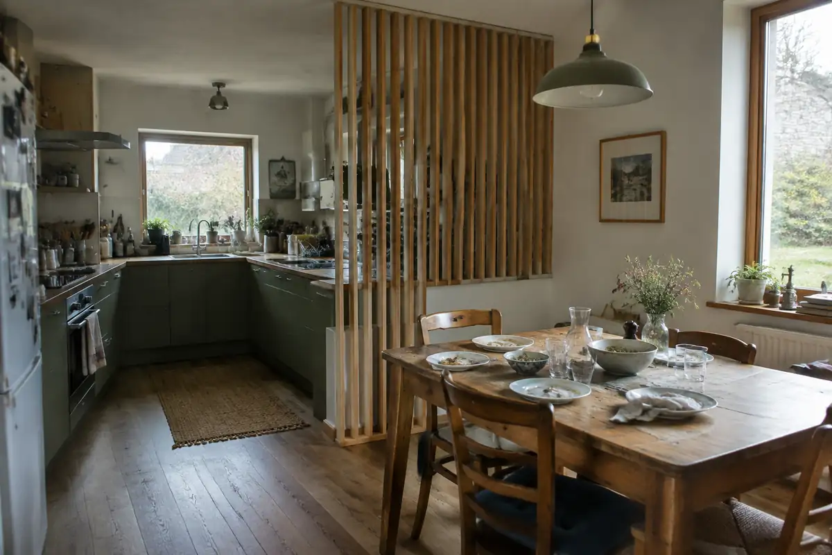 Claustra en lames de bois entre une cuisine en U et un coin repas