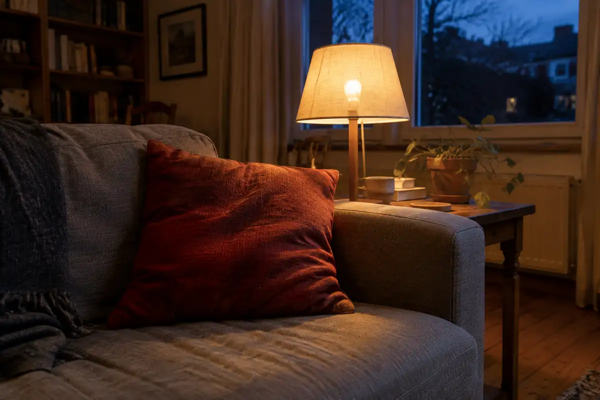 Un coussin rouge sur un canapé gris le soir, éclairé par une lampe de table à l'ampoule visible