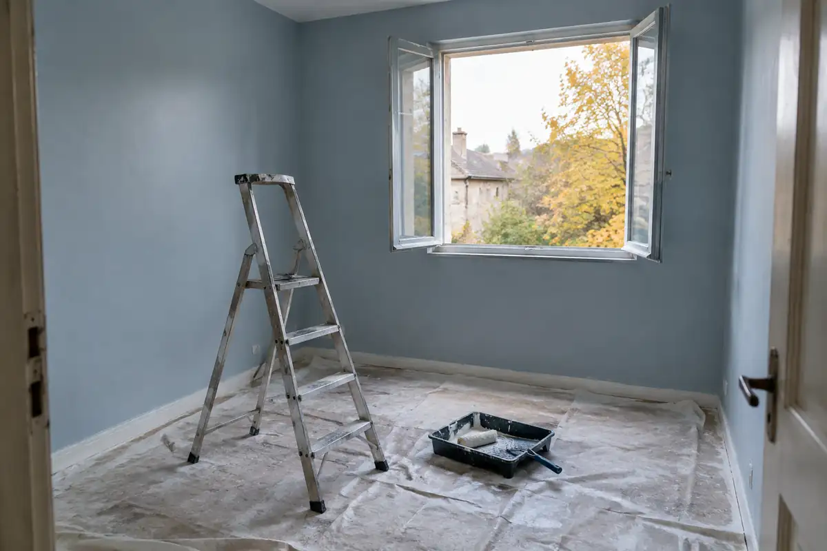Chambre vide aux murs fraîchement peints, fenêtre ouverte, escabeau sur le sol