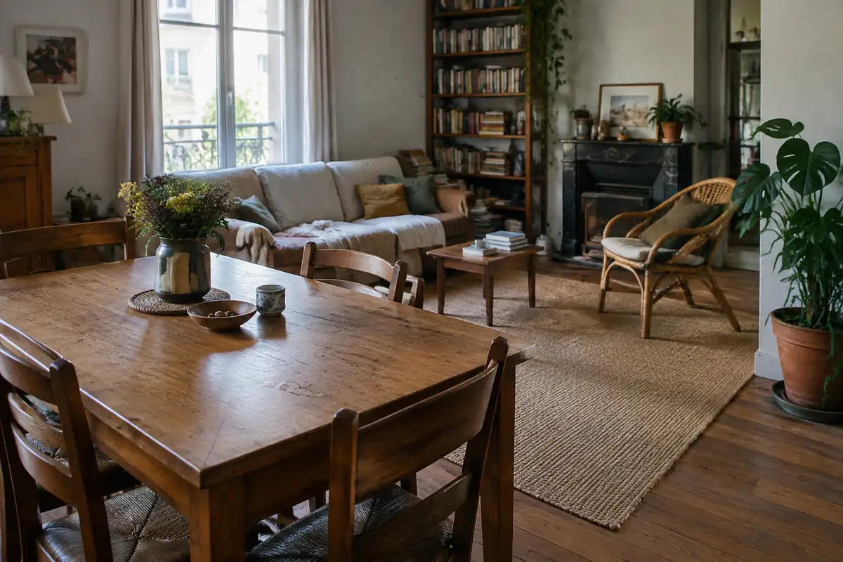 Salon avec table en bois huilé, tapis de jute, fauteuil en rotin et plante