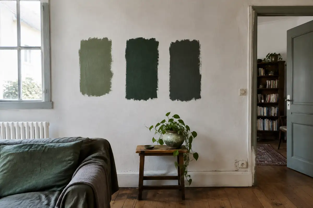 Trois échantillons de vert foncé sur un mur blanc