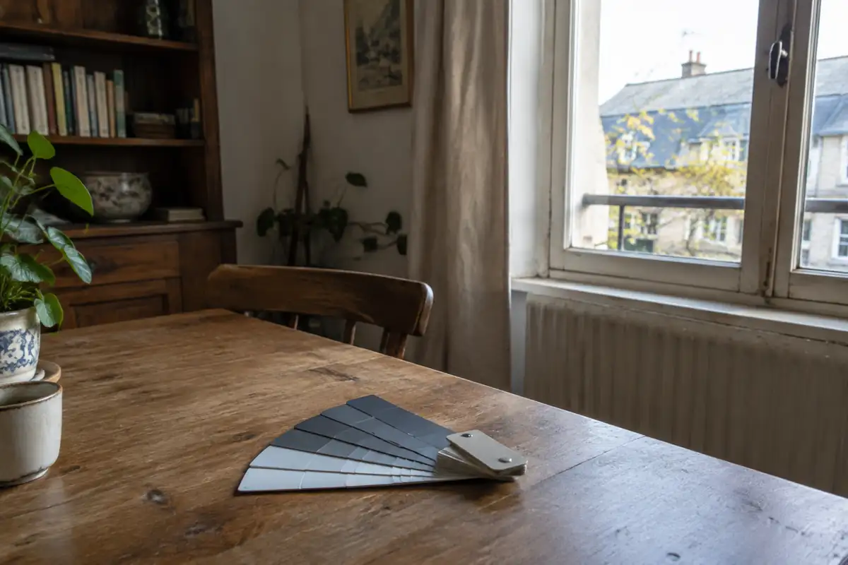 Éventail de nuances de gris posé sur une table près d'une fenêtre