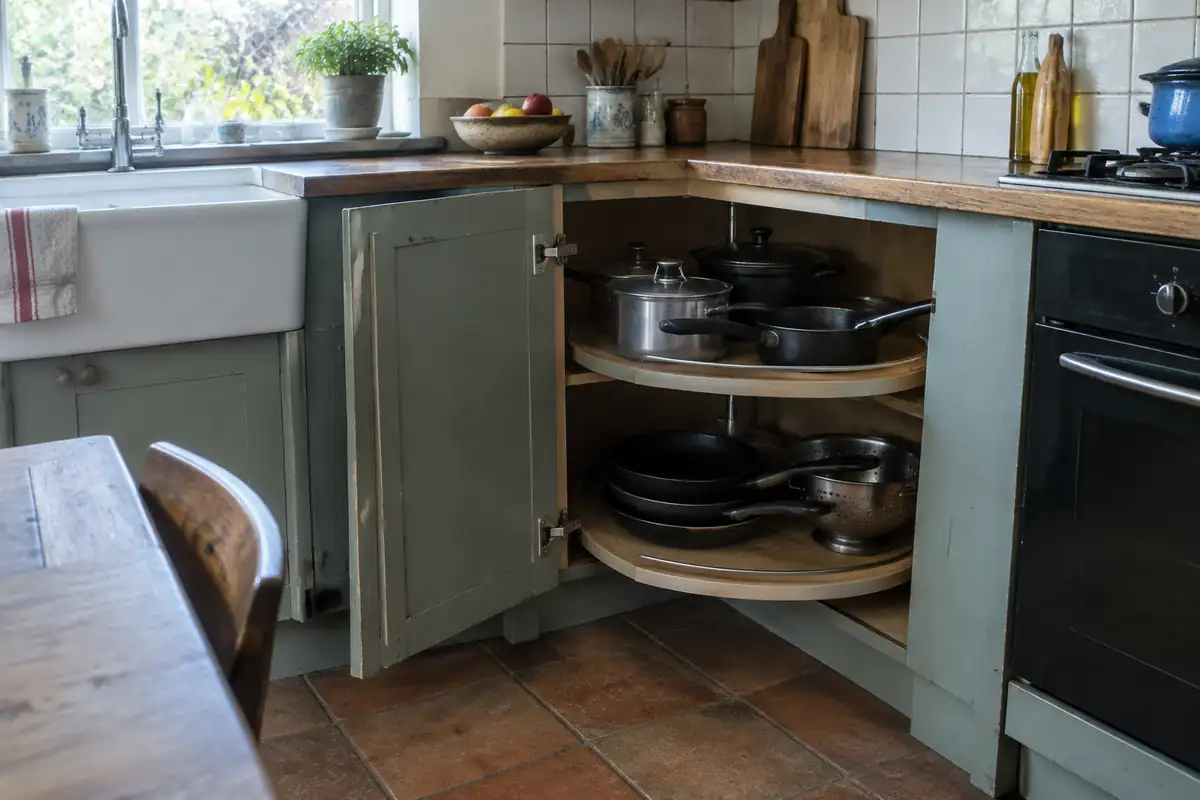 Meuble d'angle ouvert avec plateau pivotant chargé de casseroles