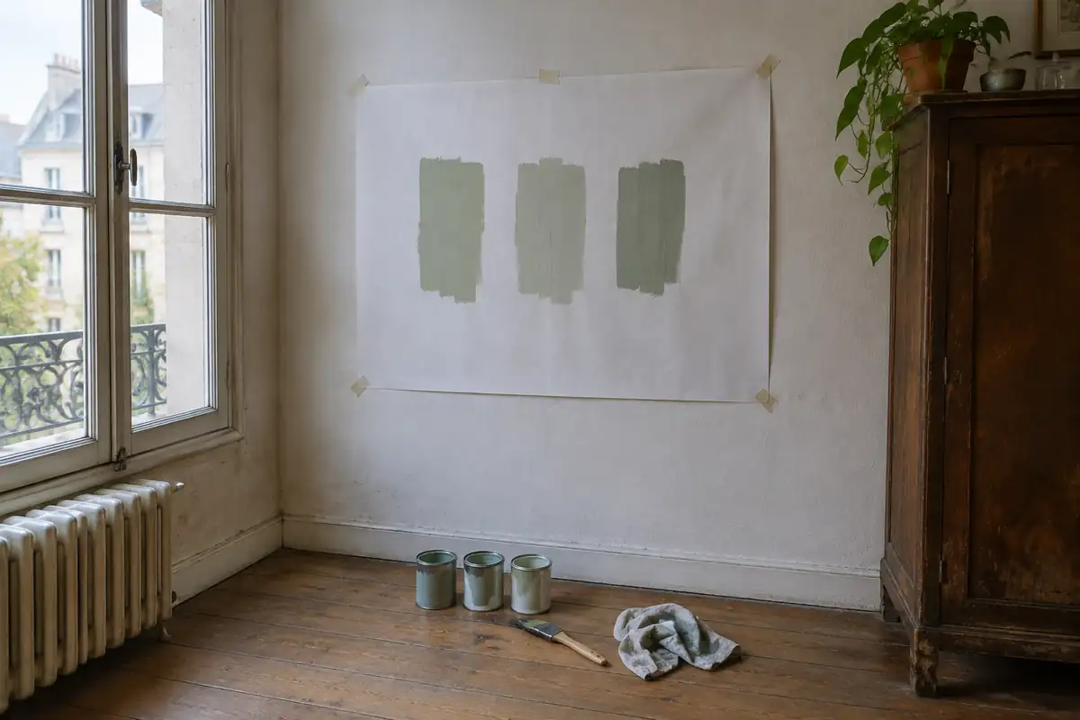 Trois pots d'essai et trois bandes de peinture vert pâle sur une grande feuille collée au mur, devant une fenêtre
