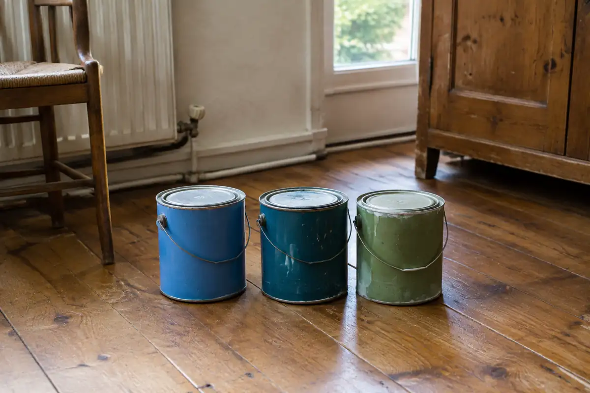 Trois pots de peinture fermés dans des tons bleus et verts alignés sur un parquet