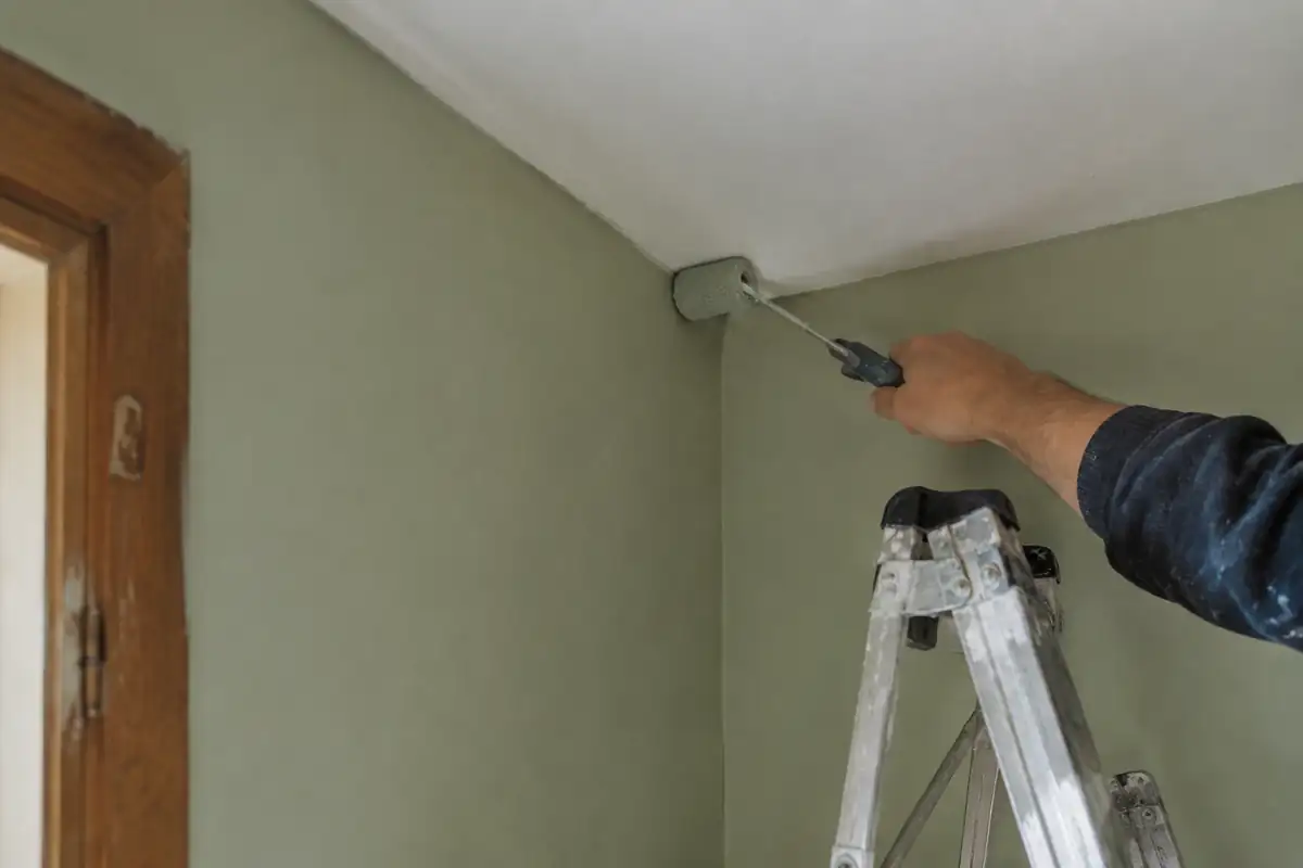 Rechampi au petit rouleau le long du plafond, au-dessus d'un mur vert sauge