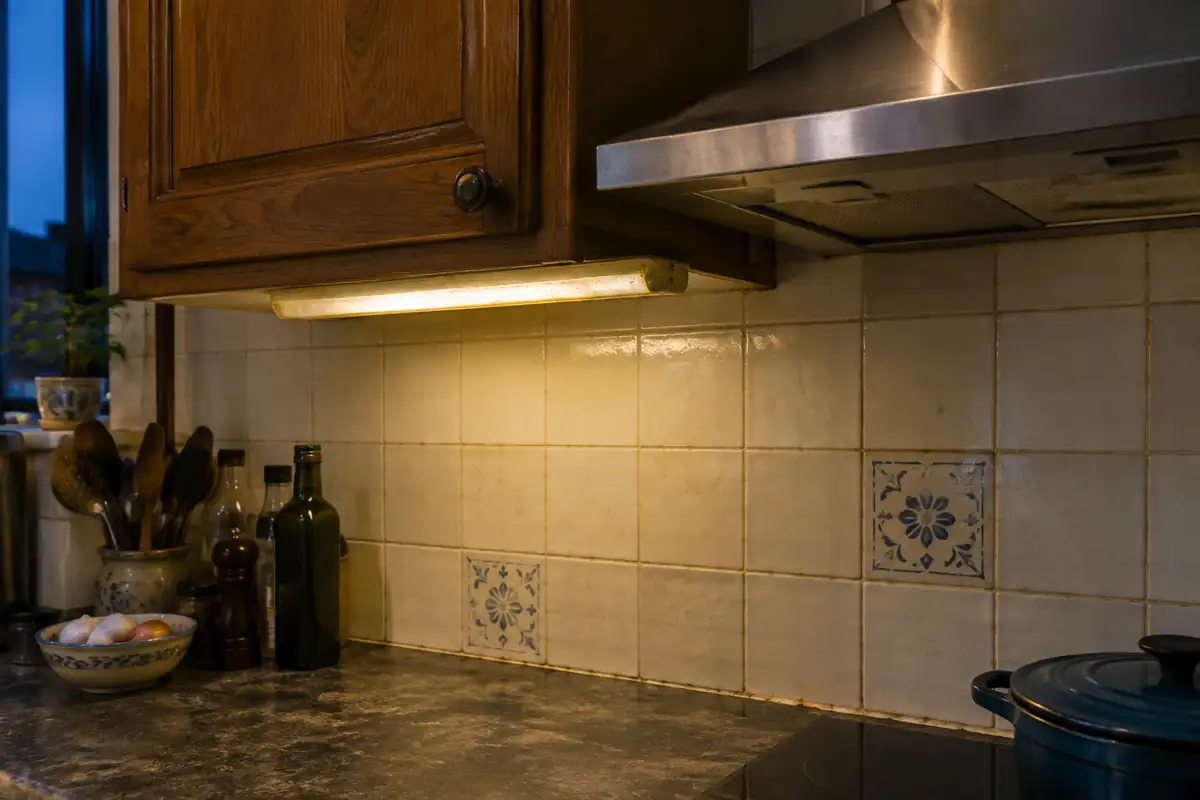 Dessous d'un meuble haut de cuisine près de la hotte, réglette LED au diffuseur légèrement terni