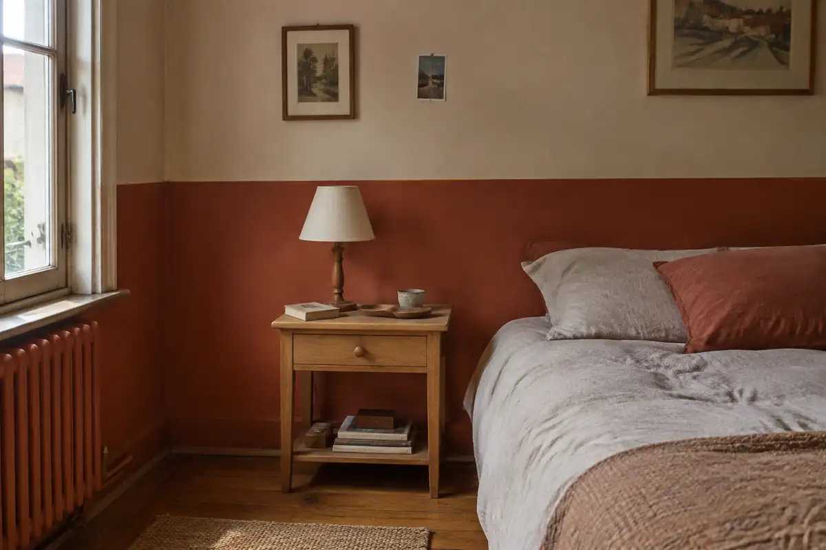 Soubassement terracotta sous un mur beige dans une chambre