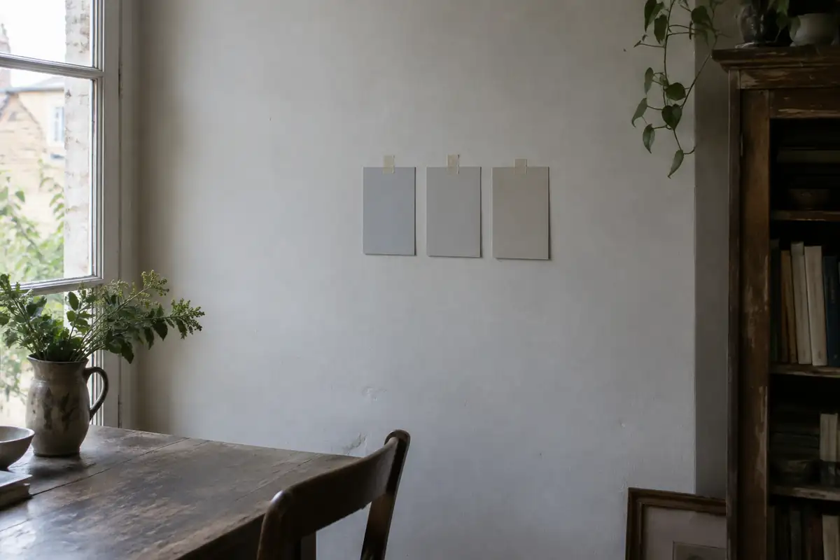 Trois cartes d'échantillon de gris très clairs, l'une plus froide et l'autre plus chaude, fixées côte à côte sur un mur